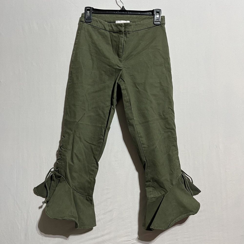 Scripted Pants Women's 0 Olive Green Classic Cinched Ruffle Hem Mid-Rise Zip Fly